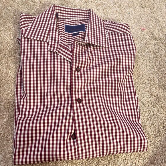 David Donahue Trim Fit Small Check Print Collar Shirt in Berry 16 -32/33 $155 - Picture 1 of 5